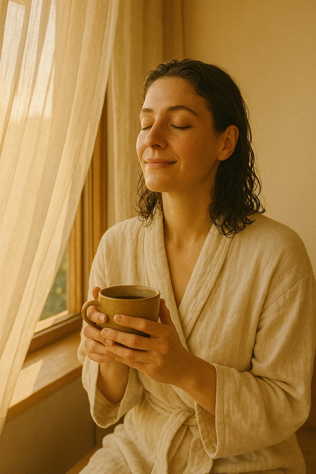 Woman in peaceful moment after spiritual cleansing, experiencing renewed calm and emotional lightness