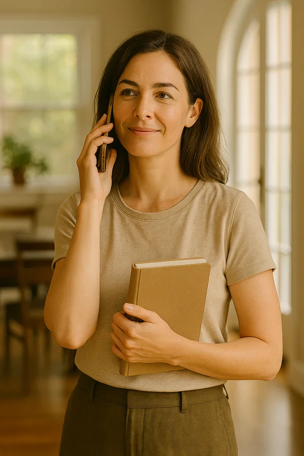 Woman experiencing clarity and confidence after tarot reading, holding journal with peaceful forward-looking expression